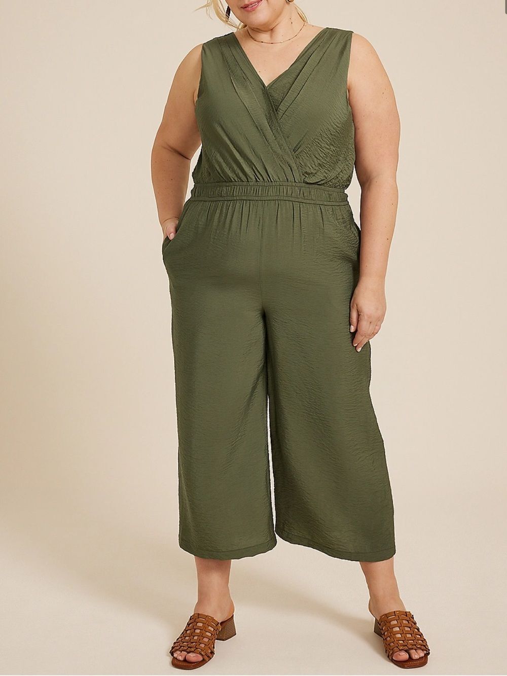 Maurices Bare Woven Jumpsuit Textured Olive Green Sleeveless V Neck Womens 1X